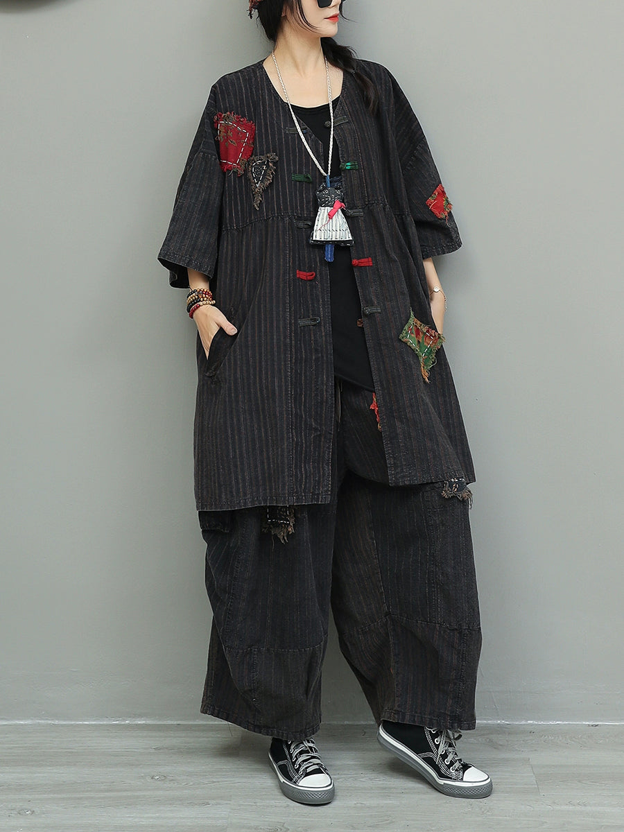 Vintage Patchwork Stripe Suits Autumn Women Loose