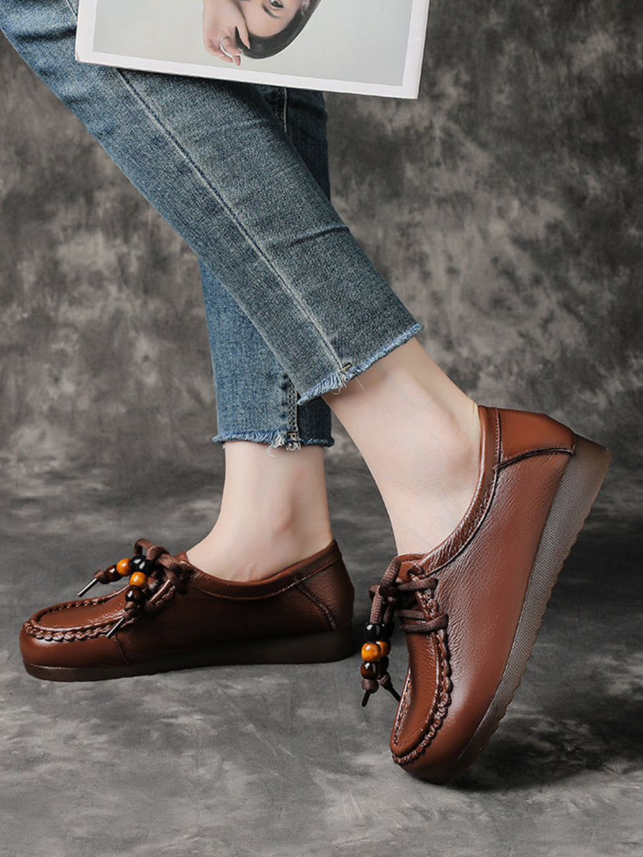 Leather Shoes Heel Women Soft Vintage Low