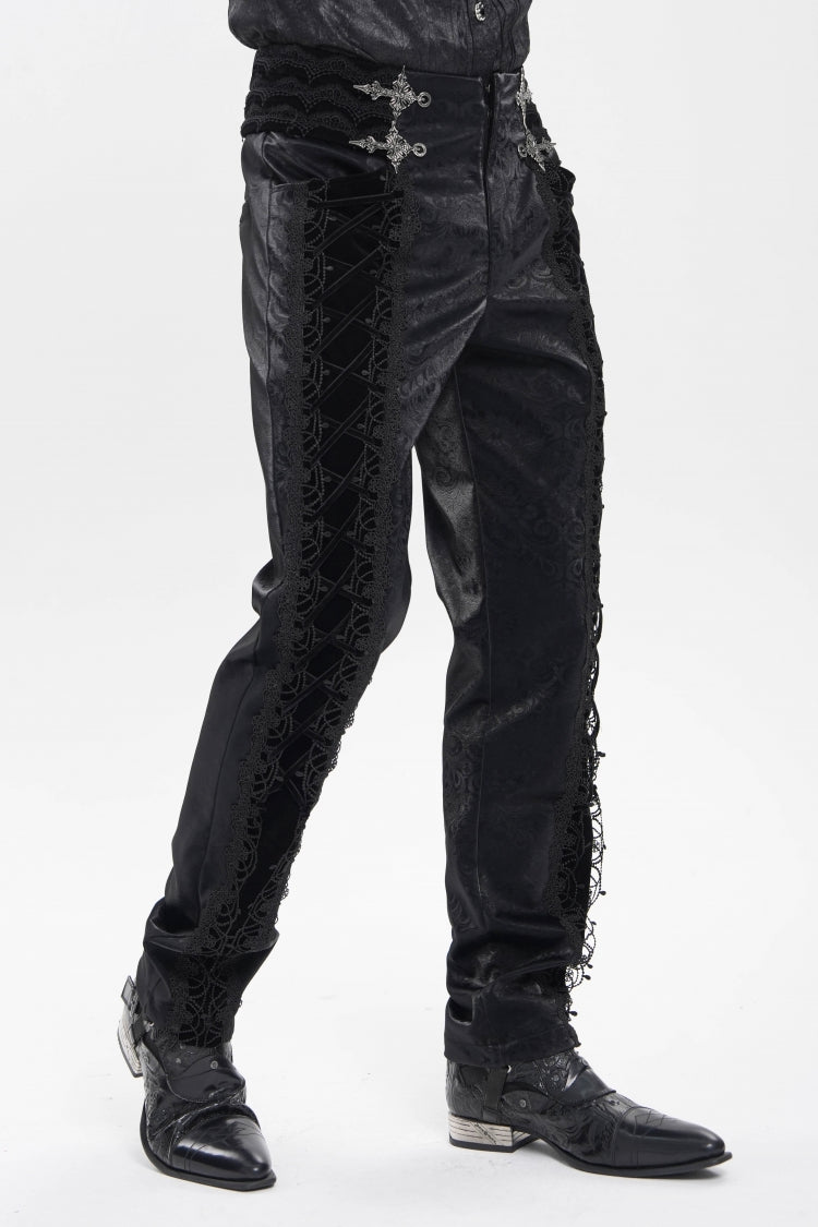 Embroidered Lace-Up Spliced Gothic Trousers for Men