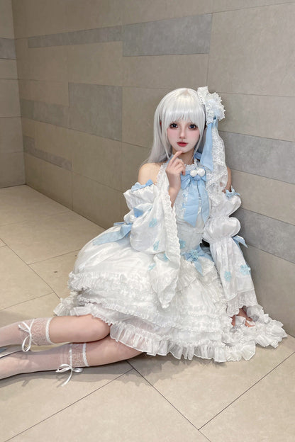 Ivory Detachable Flared Sleeves Triple Ruffles Bow Lace Lolita Dress