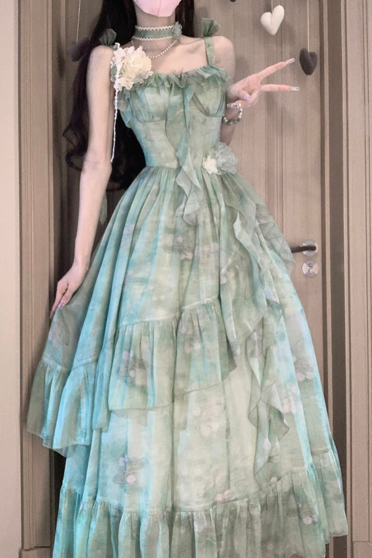 Emerald Print Ruffle Bow Sweet Lolita Long Jumper Dress