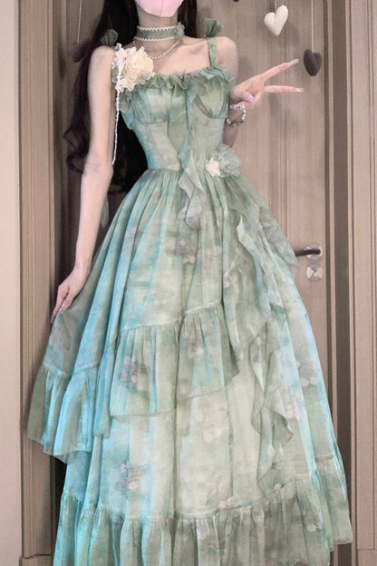 Emerald Print Ruffle Bow Sweet Lolita Long Jumper Dress
