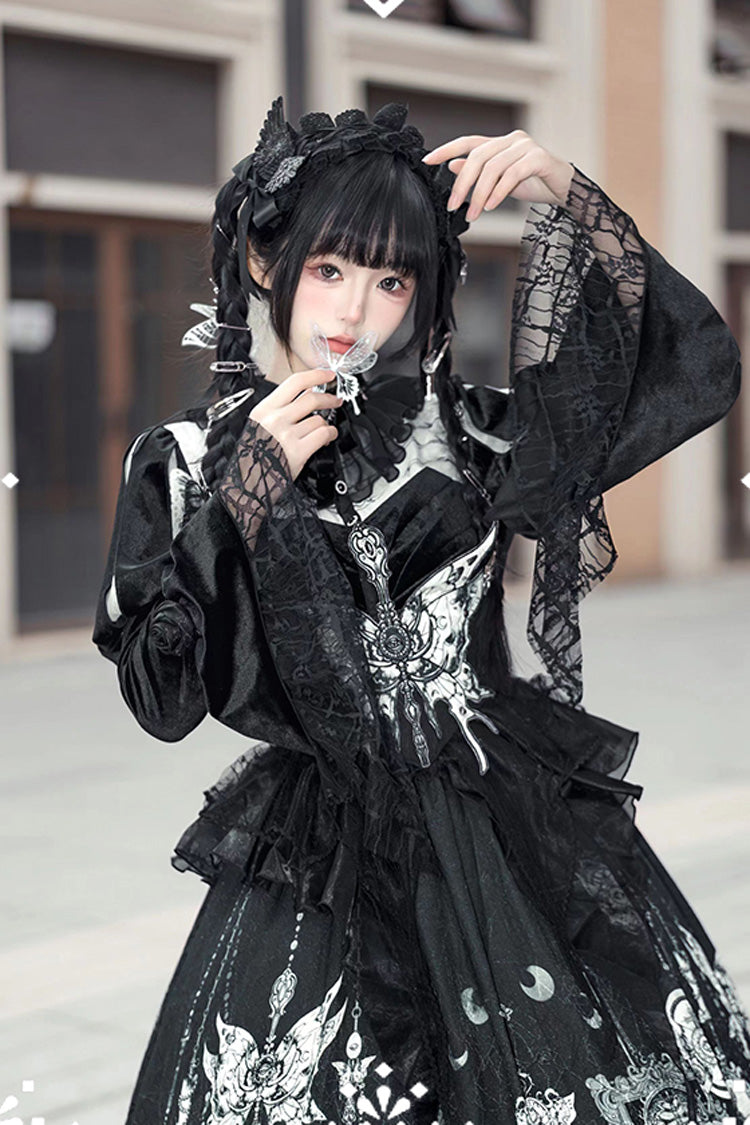 Gothic Lolita Long Dress with Print, Ruffle, and Bowknot Lace in Black