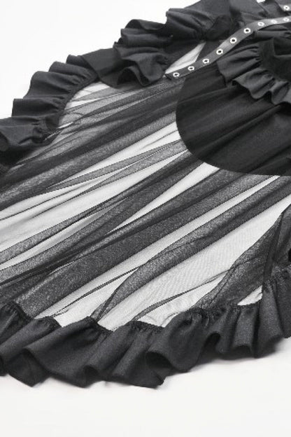 Women's Punk Skirt with Eyelet Straps, Ruffled Sheer Mesh and High-Low Layers