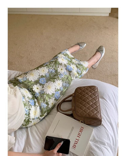 Floral Green Straight Elegant Embroidery Skirt