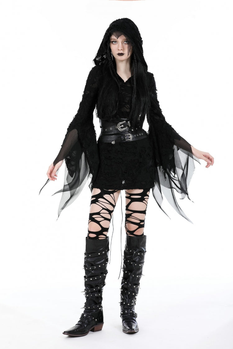Women's Gothic Hooded Slim Dress with Evil Devil Theme and Flared Sleeves