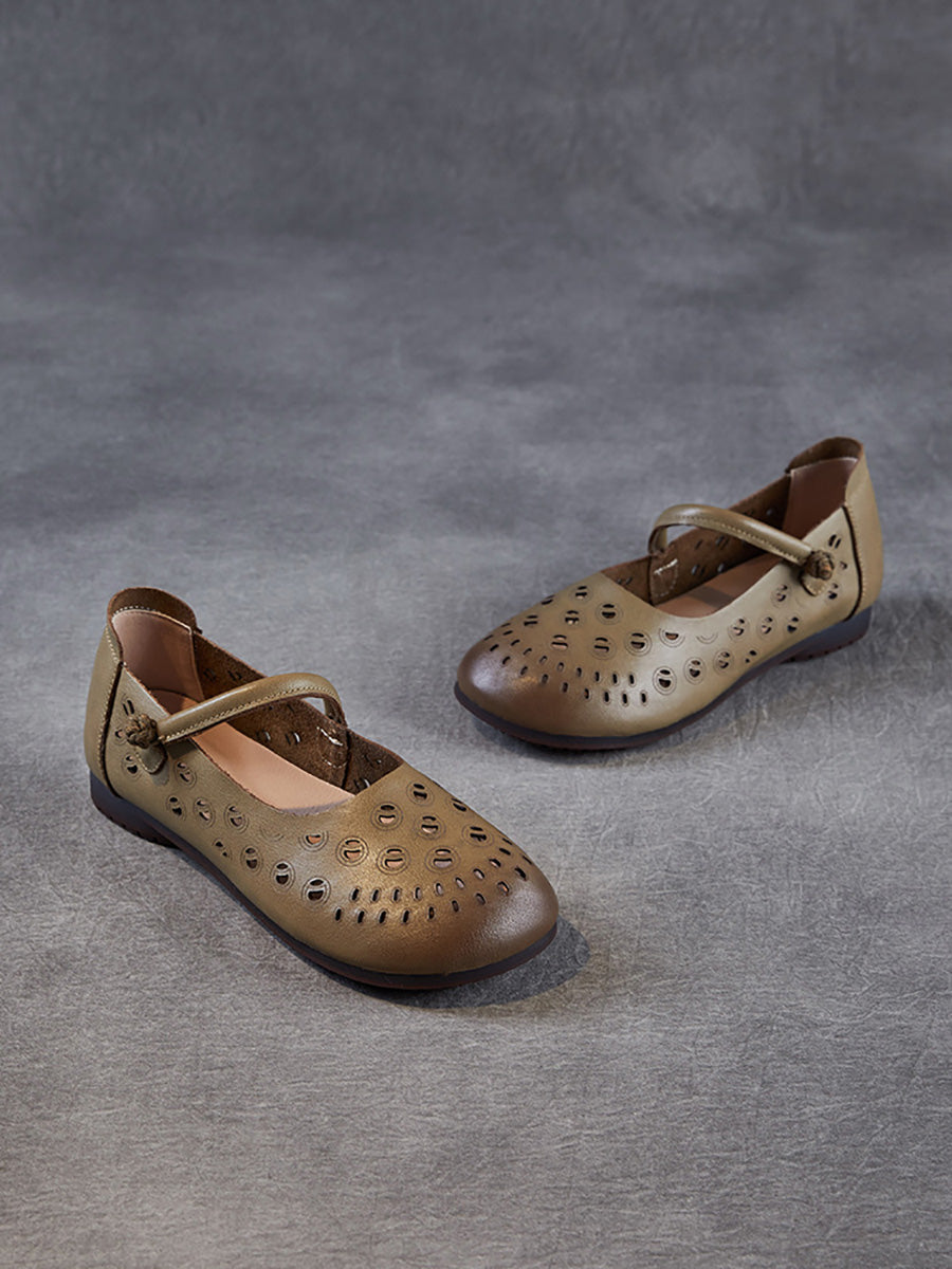 Genuine Shoes Women Summer Hollow Out Heel Low Leather