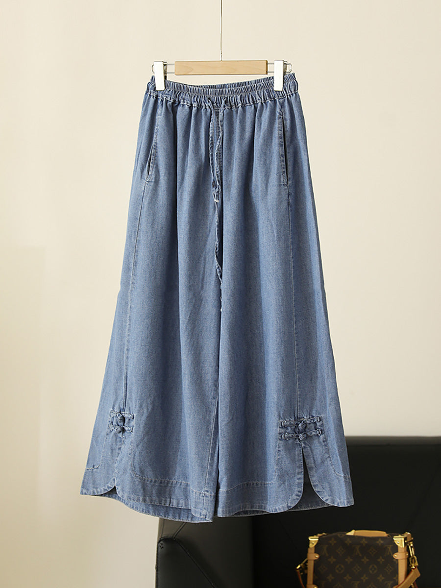 Women Summer Vintage Buckle Wide-leg Denim Pants CX031