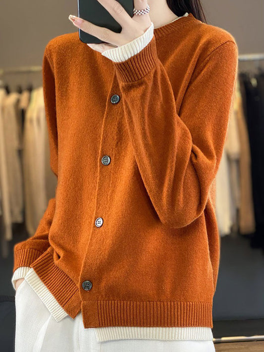 Women Autumn Colorblock Knit 100%Wool O-Neck Sweater QM006