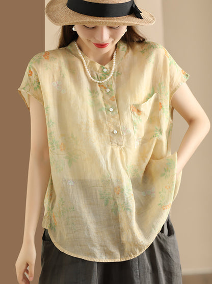 Women Summer Vintage Ramie Print Button-up Ramie Shirt OP1041