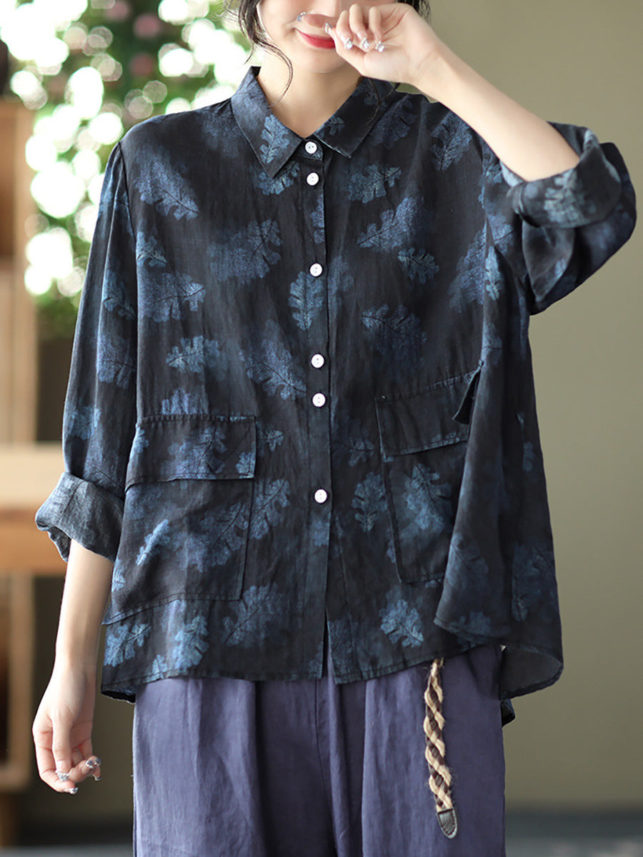 Women Vintage Floral Spring Button Up Ramie Blouse AT1089