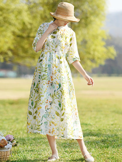 Robe d'été en ramie à bretelles et imprimé végétal artistique pour femmes CC032