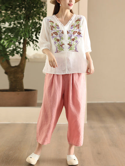 Women Summer Vintage Flower Embroidery Lace Ramie Shirt FD044