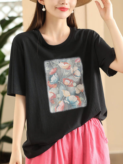 Women Summer Casual Flower Spliced Cotton Shirt CC031