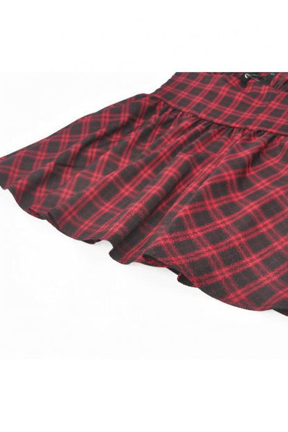 Crimson & Charcoal Tartan Notch Collar Cutout Short Sleeve Laced Punk Retro Mini Dress