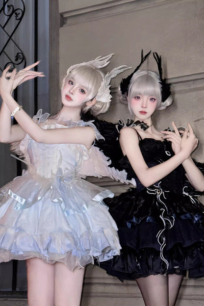 Ballet-Inspired Multi-Layer Ruffle JSK Dress with Bowknot in Three Hues - EtherealGrace