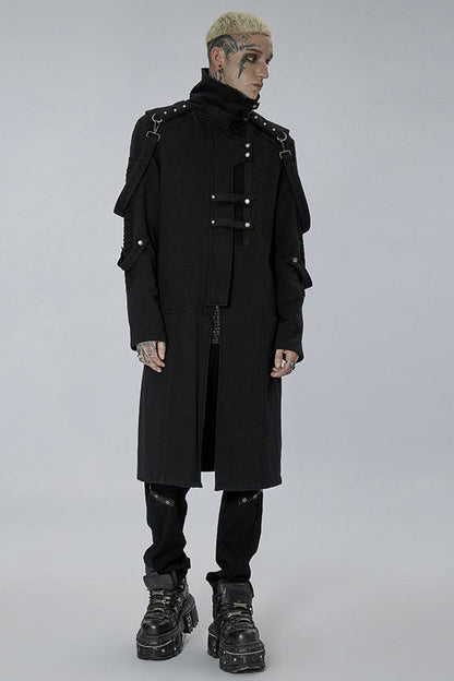 Noir High-Collar Knit Coat with Metal Shoulder Straps