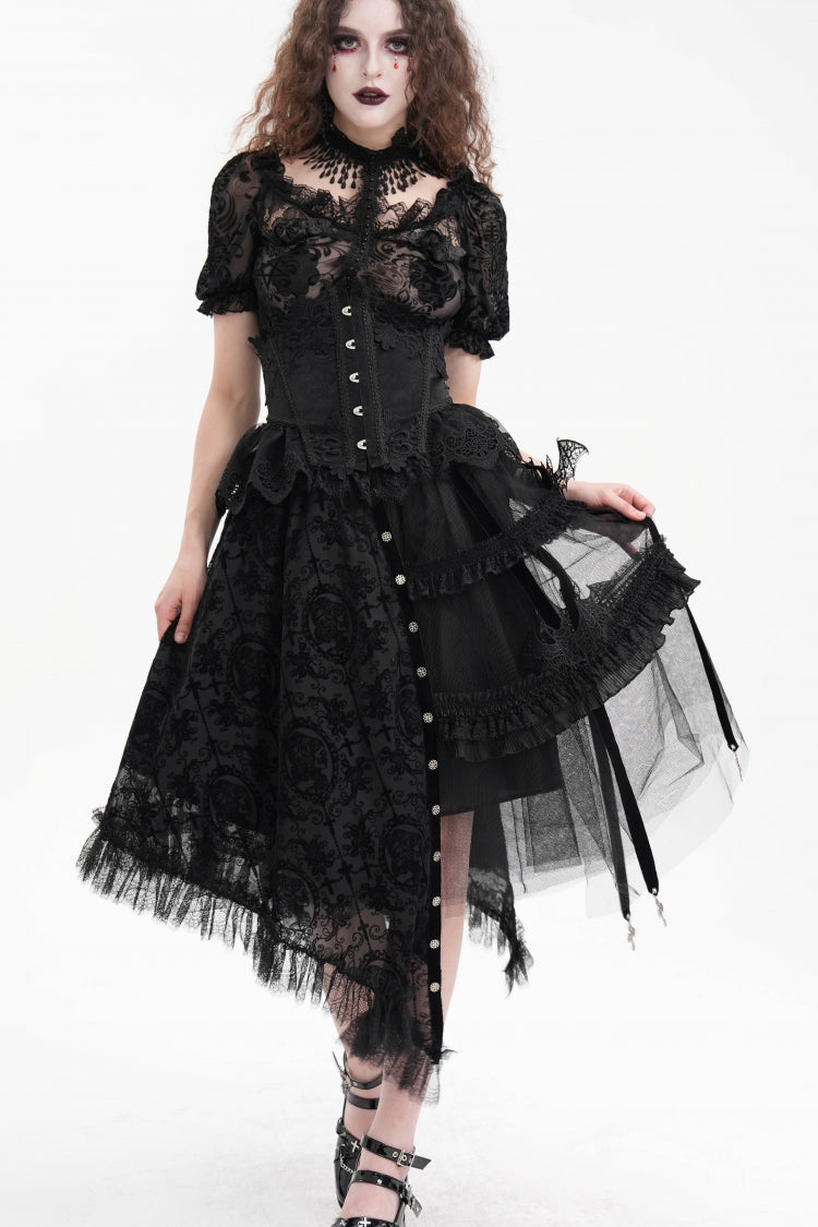 Gothic Luxurious Asymmetric Pleated Skirt with Black Jacquard Cut-Out Lace