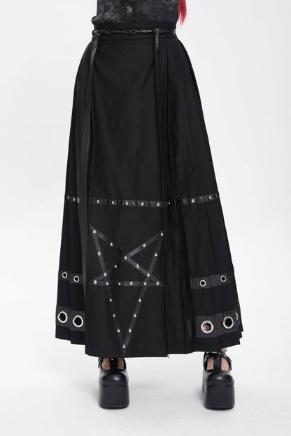 Women's Punk Skirt with Eyelets, Rivets and Pentacle Horse-Face Motif