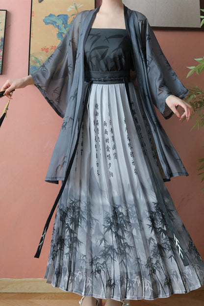 Classic Hanfu Gown Featuring Chinese Calligraphy Print in Two Colors - SilkRoad
