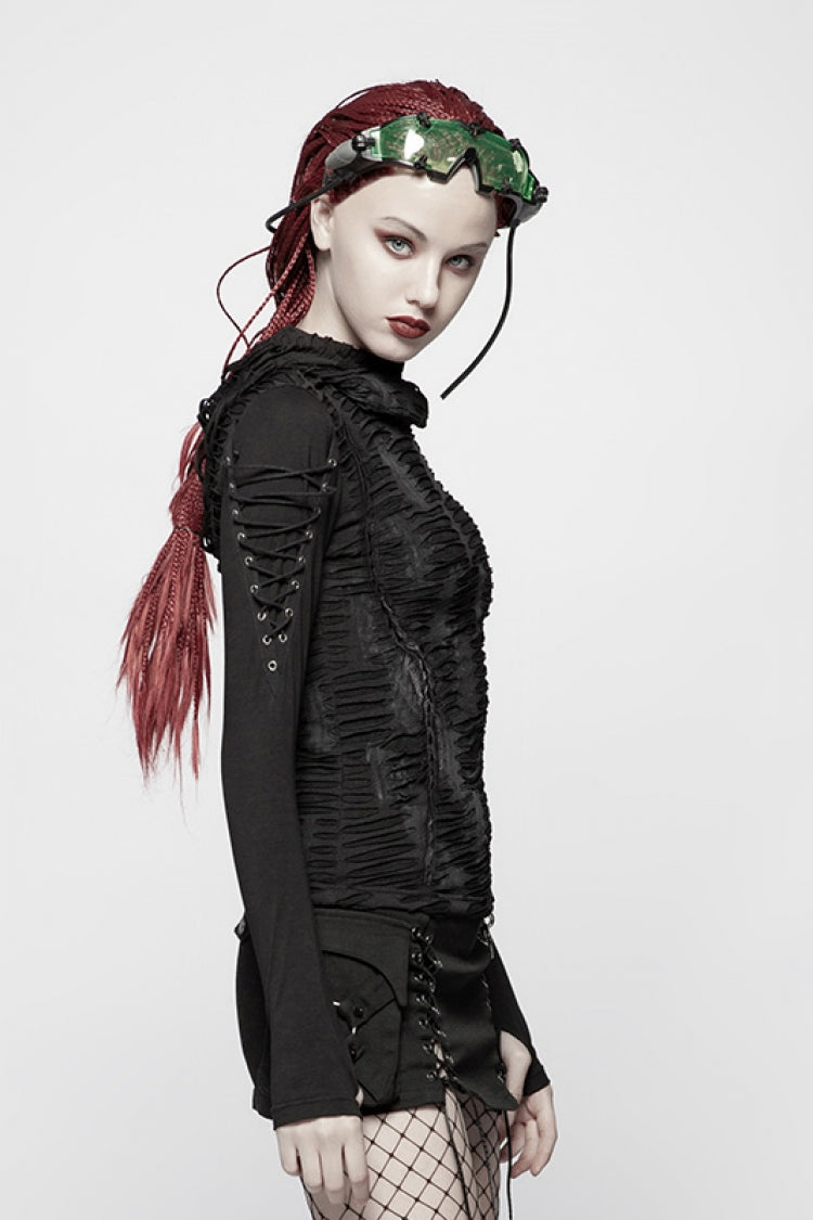 Ebony Long-Sleeve Fitted Hooded Ripped Steampunk Tee
