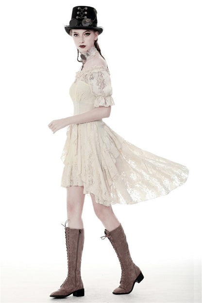 Steampunk Vintage Gorgeous Graduation Gown with Off-Shoulder Ruffles & Ruched Sleeves
