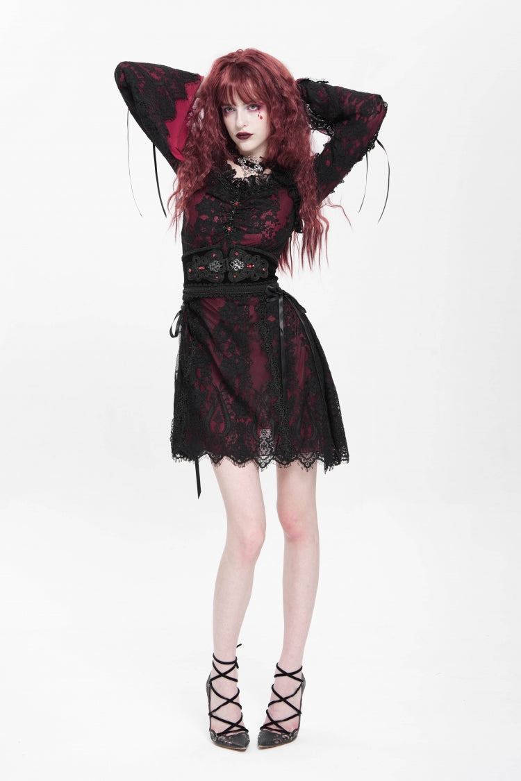 Crimson Square-Neck Gothic Dress with Floral Embroidery and Lace-Up