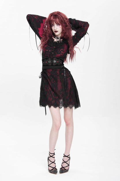 Crimson Square-Neck Gothic Dress with Floral Embroidery and Lace-Up