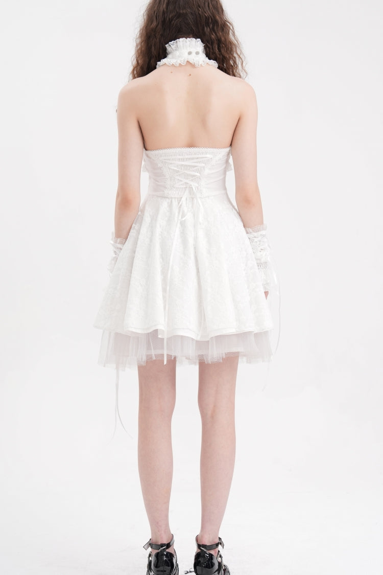 Ivory Cross Halter Neck Sleeveless Ruffled Lace Gothic Gown