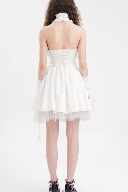 Ivory Cross Halter Neck Sleeveless Ruffled Lace Gothic Gown