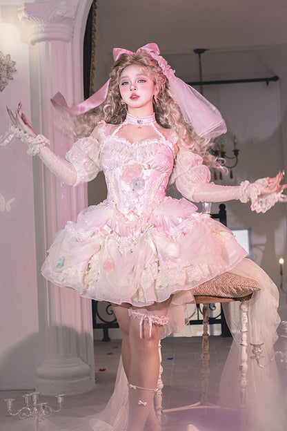 Blush Ruffled Embroidered Bow Lace Fishbone Princess JSK