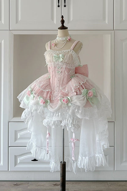 Blush Sleeveless Embroidered Bow Lace Pearl JSK with Ruffles - Honey Rose