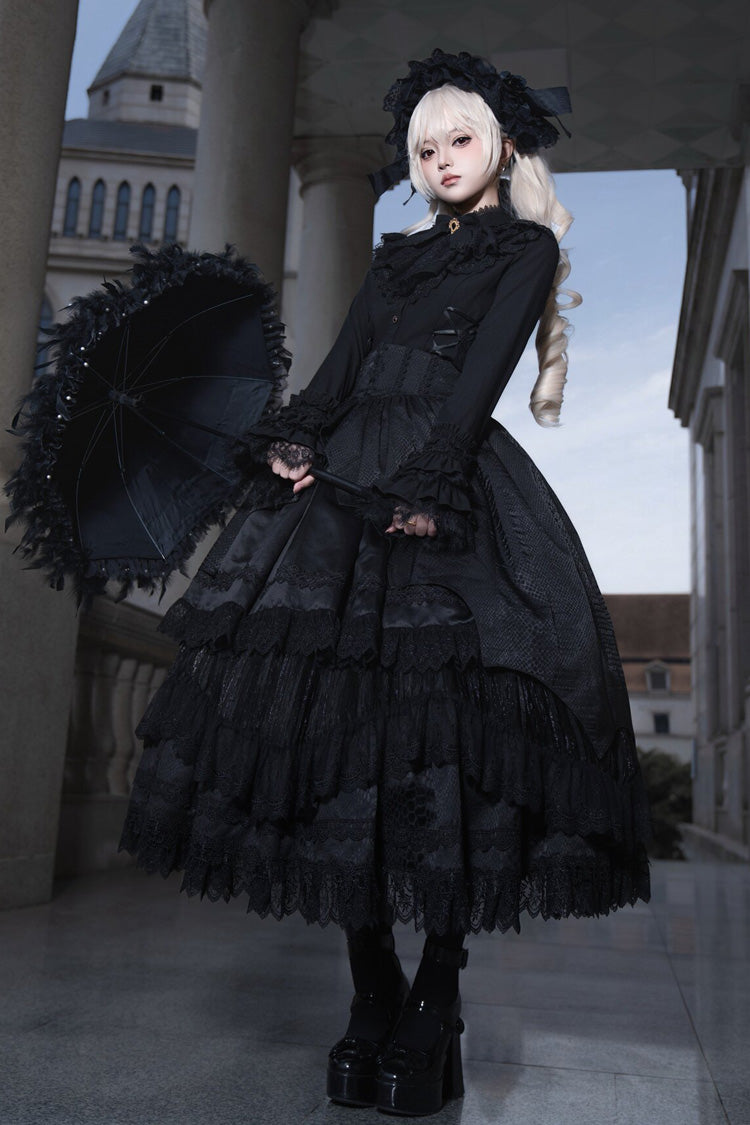 Ebony Layered Lace-Trimmed Open Front Gothic Petticoat Skirt - Immortality Taboo