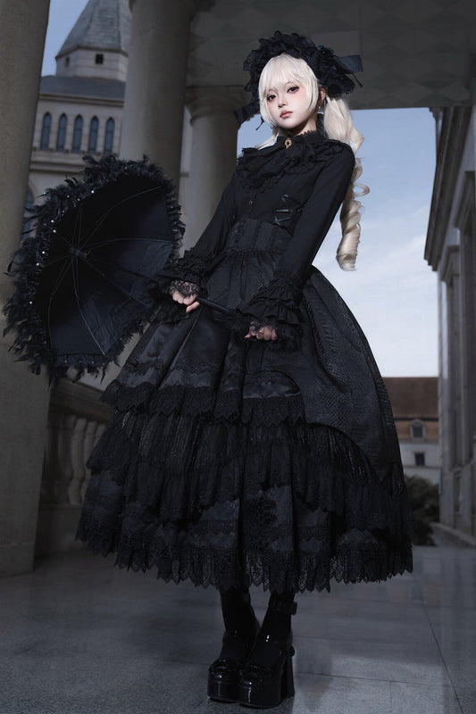 Ebony Layered Lace-Trimmed Open Front Gothic Petticoat Skirt - Immortality Taboo
