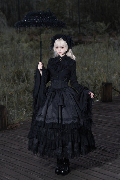 Ebony Layered Lace-Trimmed Open Front Gothic Petticoat Skirt - Immortality Taboo