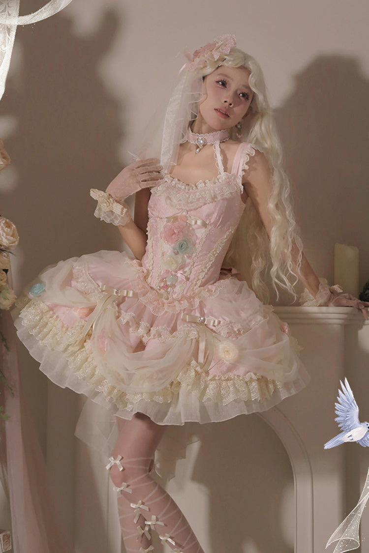 Blush Ruffled Embroidered Bow Lace Fishbone Princess JSK