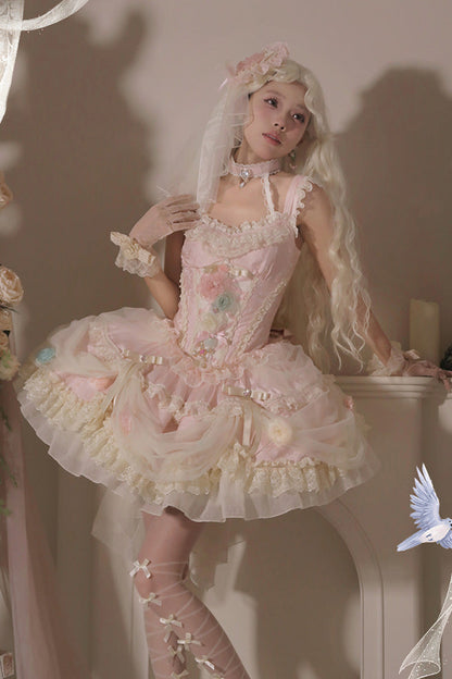 Blush Ruffled Embroidered Bow Lace Fishbone Princess JSK