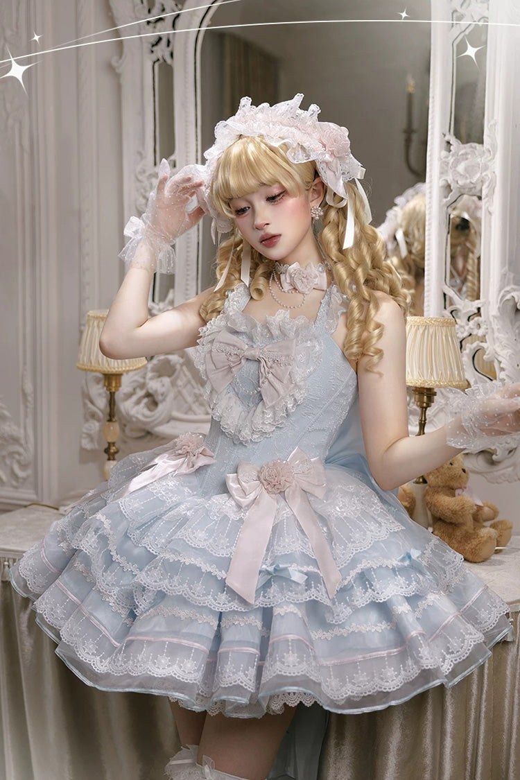 Azure Crystal Isle Square Collar Sleeveless Multi-Layered Jacquard Ruffled Bow Sweet Balletcore Lolita Tiered Gown