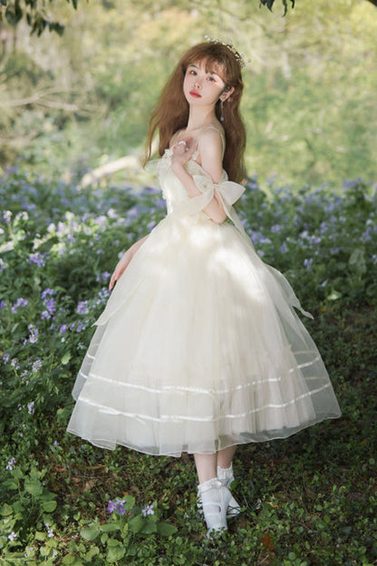 Sweet Lolita JSK Gown with High Waist, Bow Accents & Chiffon Long Cut