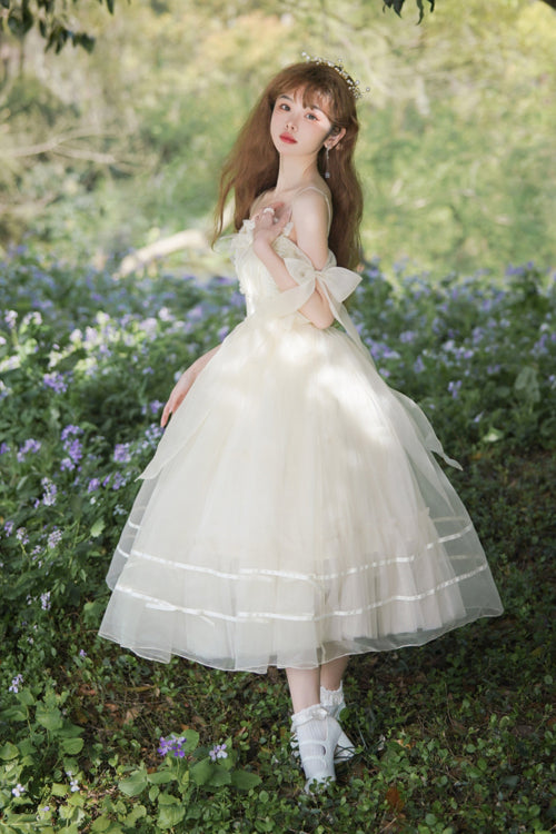 Sweet Lolita JSK Gown with High Waist, Bow Accents & Chiffon Short Cut
