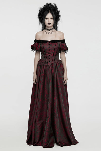 Crimson & Obsidian Short Puff Sleeves Lace-Up Gothic Dress