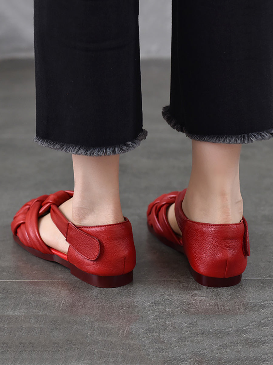 Summer Leather Flat Retro Women Weave Genuine Shoes