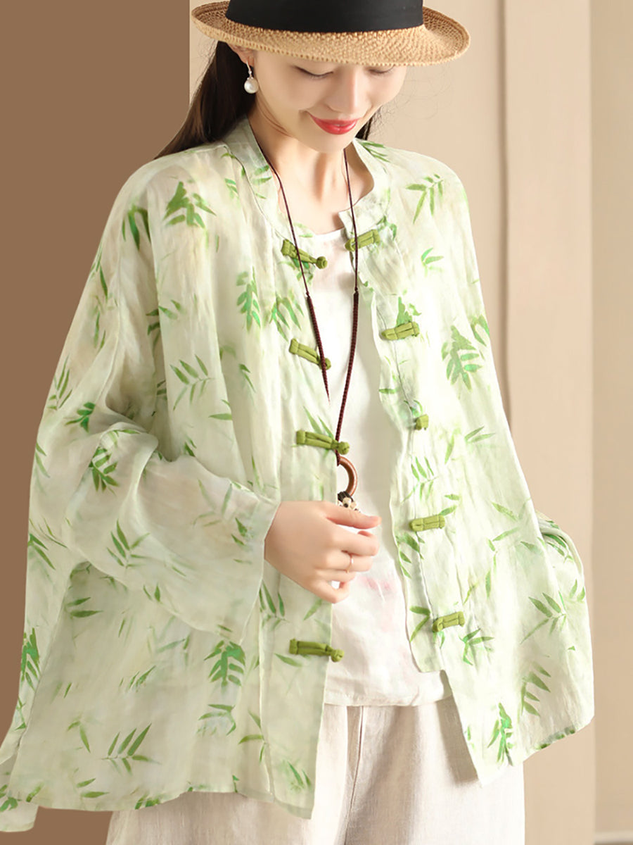 Women Summer Artsy Flower Button-Up Ramie Shirt HH016