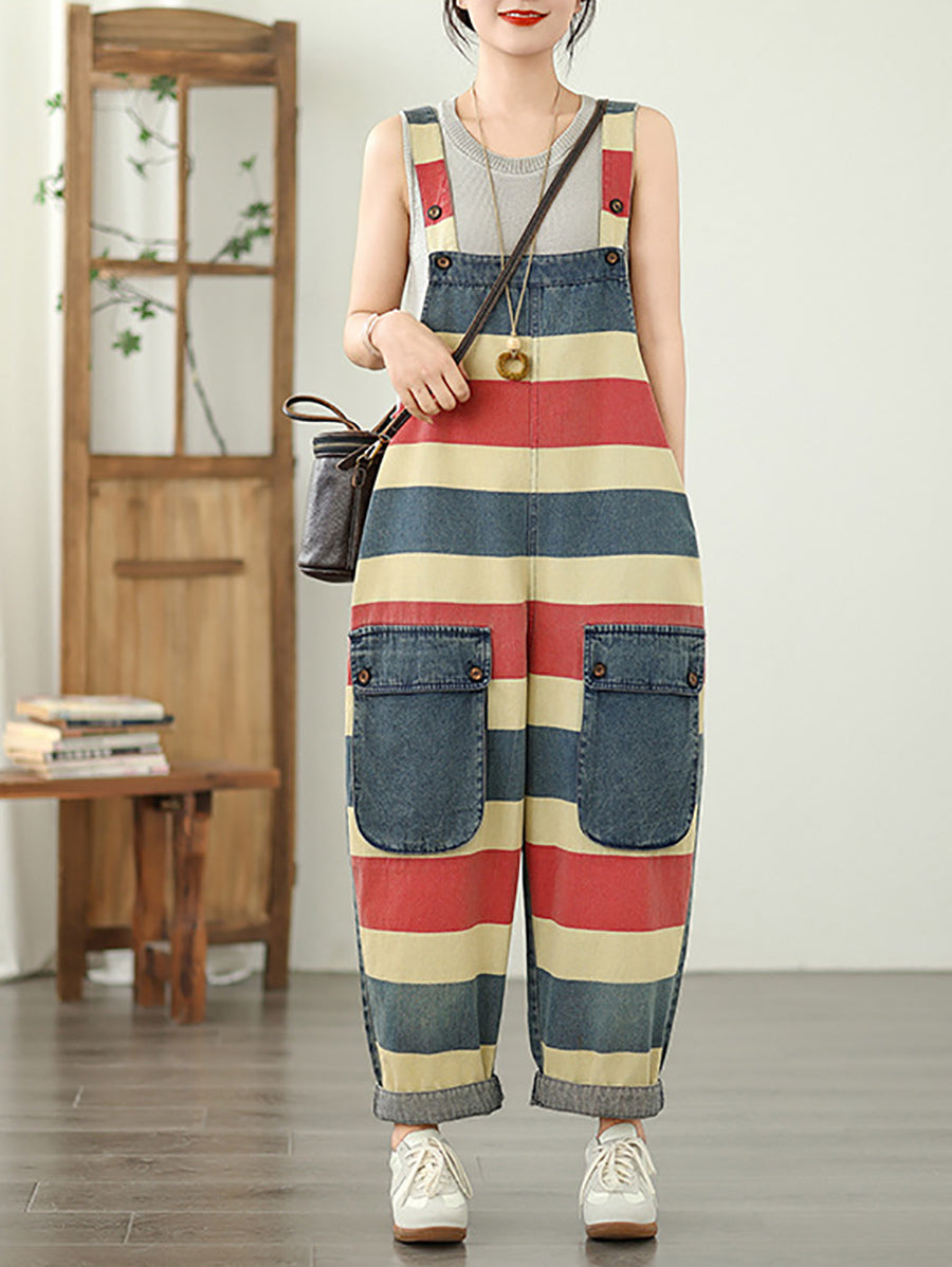 Summer Colorblock Women Loose Denim Stripe Jumpsuits