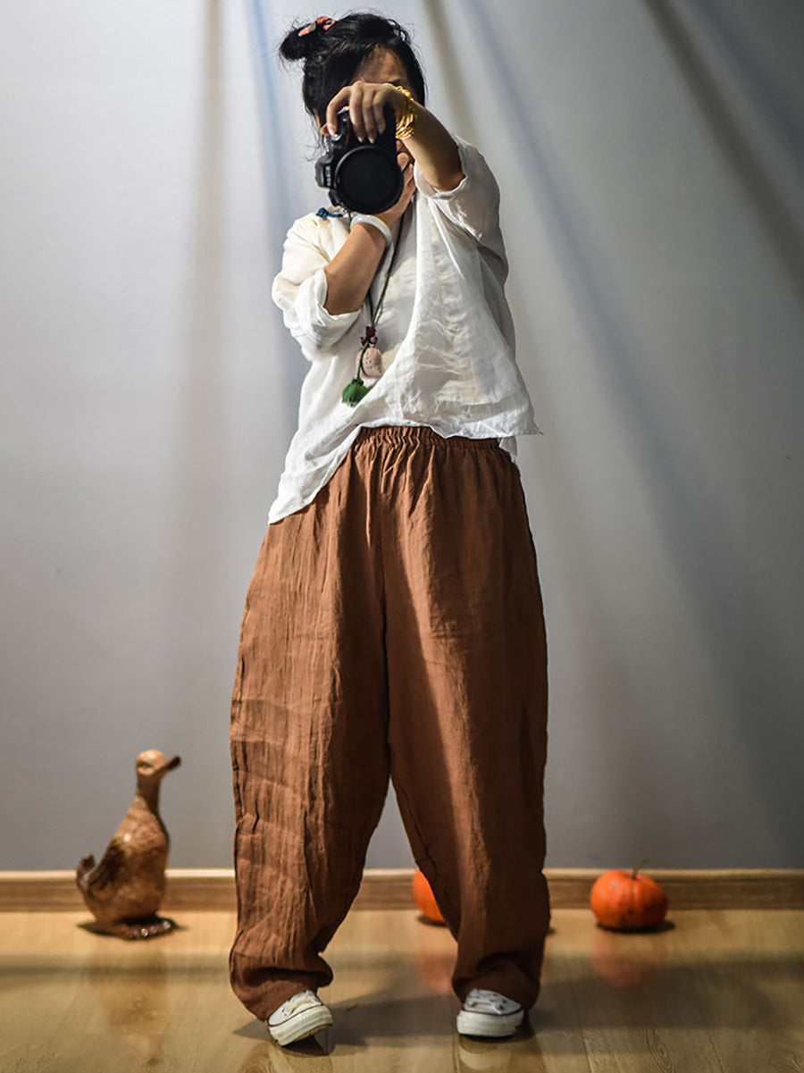 Women Vintage Spring Linen Solid Harem Pants FD040