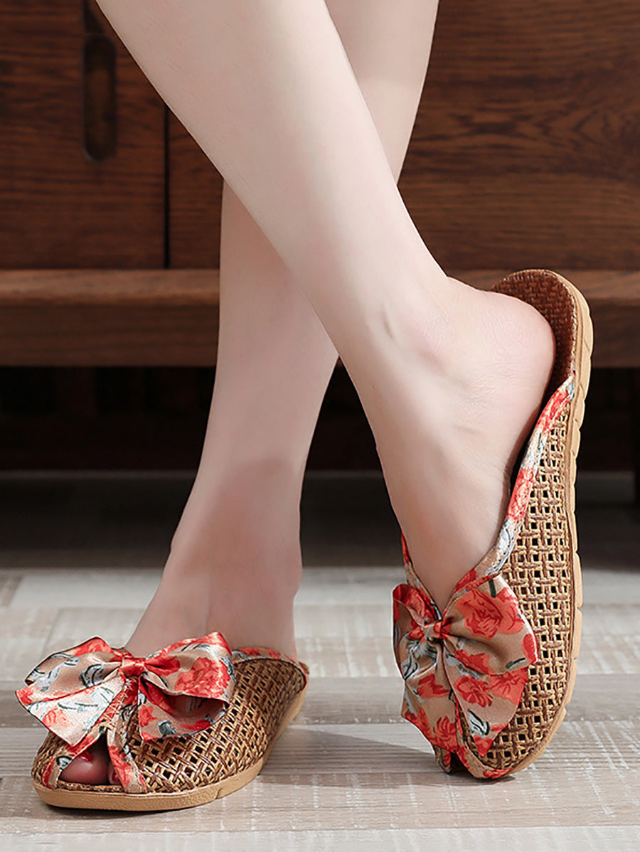 Bowknot Ethnic Weave Women Indoor Slippers Straw Flower