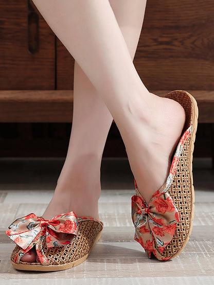 Bowknot Ethnic Weave Women Indoor Slippers Straw Flower