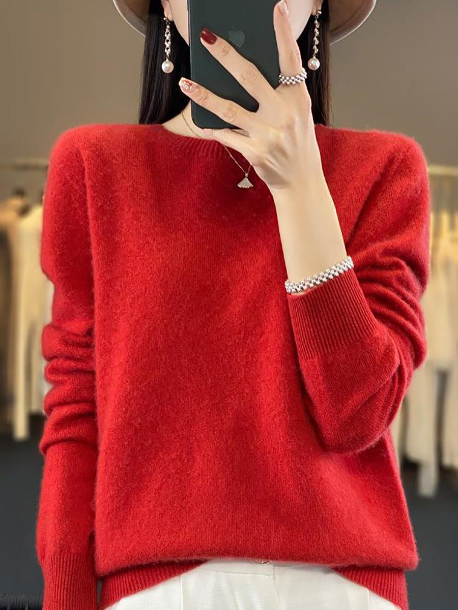 Women Autumn Solid Knit 100%Wool O-Neck Sweater WU023