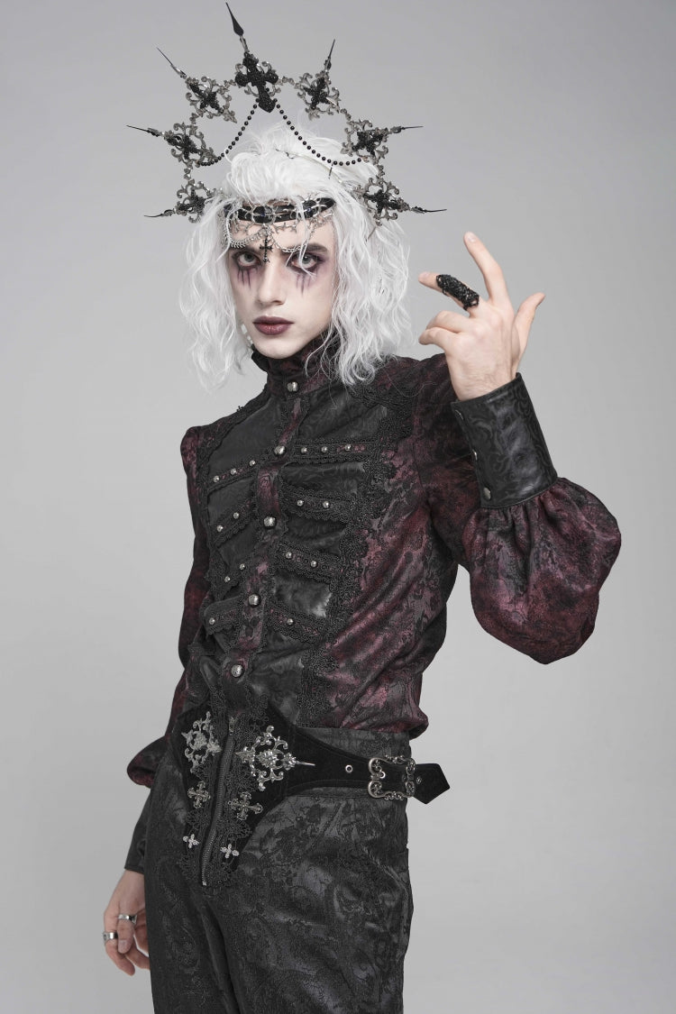 Crimson & Obsidian Stand Collar Long Lantern Sleeves Floral Print Embroidery Gothic Blouse