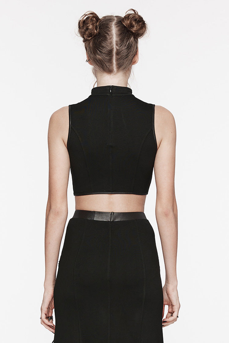 Women's Black Punk Tank Top, Lace-Up with Ripped Details and High Collar